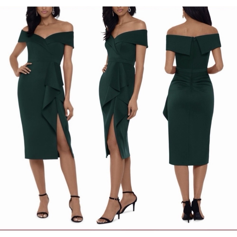 Xscape Scuba Off Shoulder Forest Green Midi Dress Slit Boning Size 6